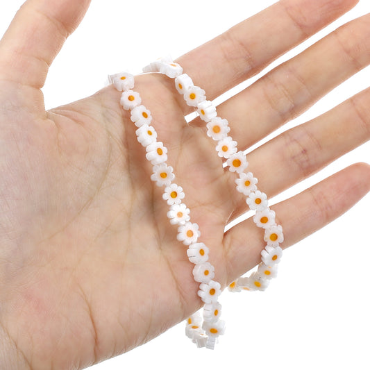 Ymapinc 64Pcs Flower Beads for Jewelry Making - Cute White Daisy Flat Bead with Hole, Daisy Charms for Crafts DIY Bracelets Necklace Earrings and Phone Lanyard Wristlet Making