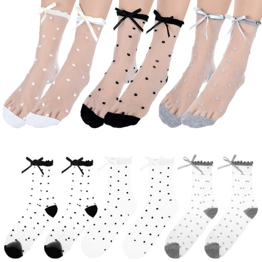 3 Pairs Women's Sheer Ruffle Socks, Cute Polka Dot Mesh Casual Lace Socks Frilly, Nude Stocking Summer Ultra Thin Cool See Through Silk Ankle Sock for Women Girls(Black White Gray)