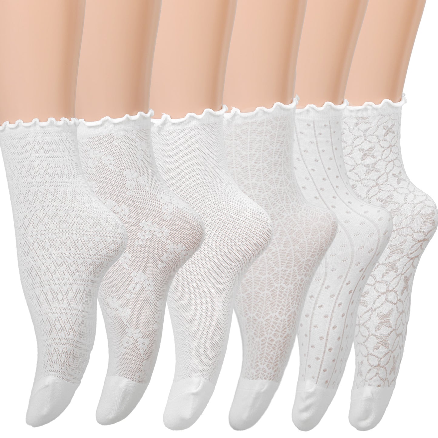 Ouligay Cute Ankle Socks for Women, 6 Pairs Lace Mesh Ruffle Women, Breathable Cotton Frilly Ankle Ruffled with Mesh Design