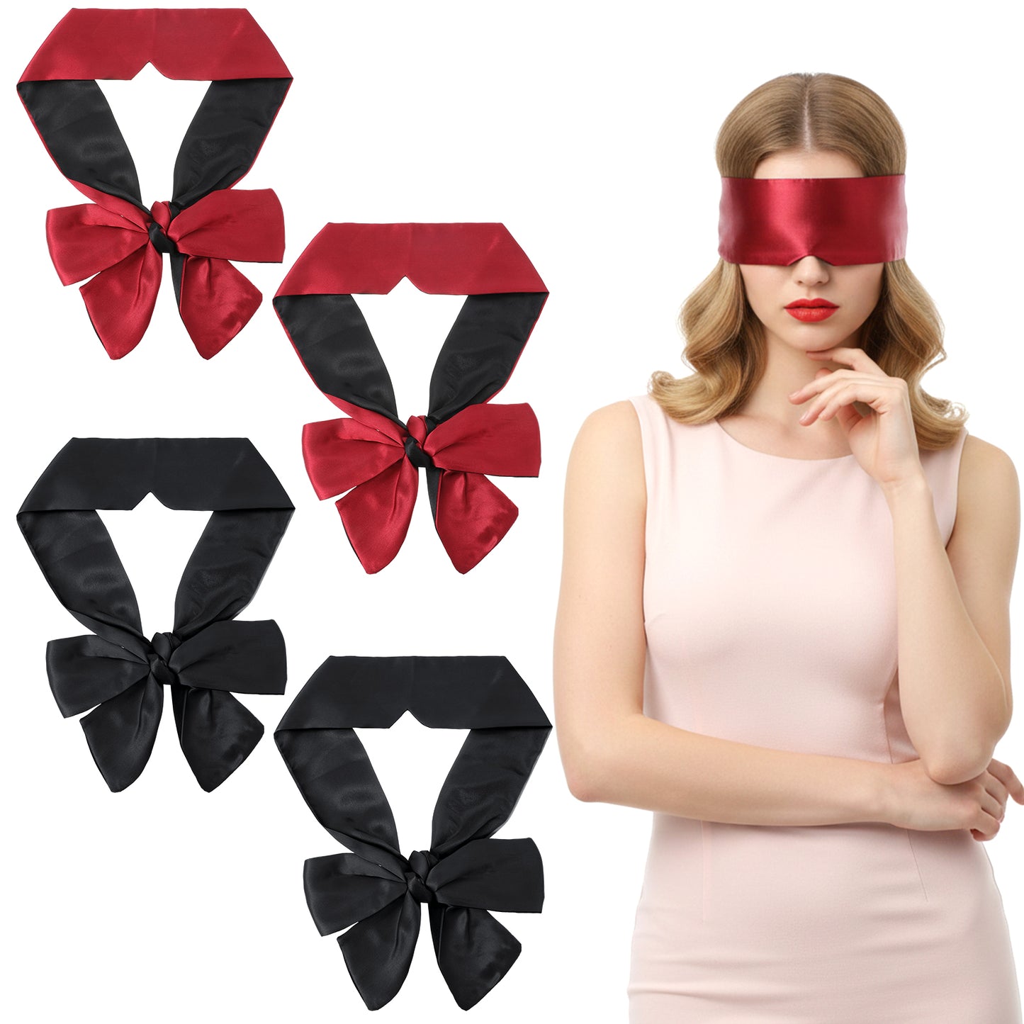 Tyqour 4 Pcs Silk Satin Blindfolds for Adult Couples, Adjustable Blindfold for Party Games, Soft Blind Folds for Adult Play, 59 Inch V-Shaped Blackout Sleep Mask for Women Men Valentine's Day Gift