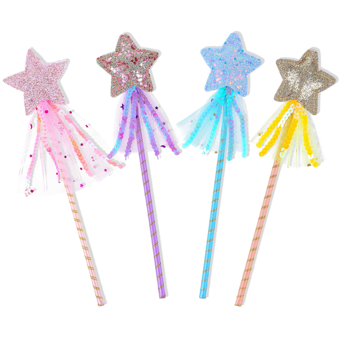 Tyqour 4Pcs Glitter Star Wands 11 Inches Fairy Wand Princess Angel Wands Stick with Ribbon Party Favors for Birthday Christmas Halloween Party Costume Cosplay Dress-up