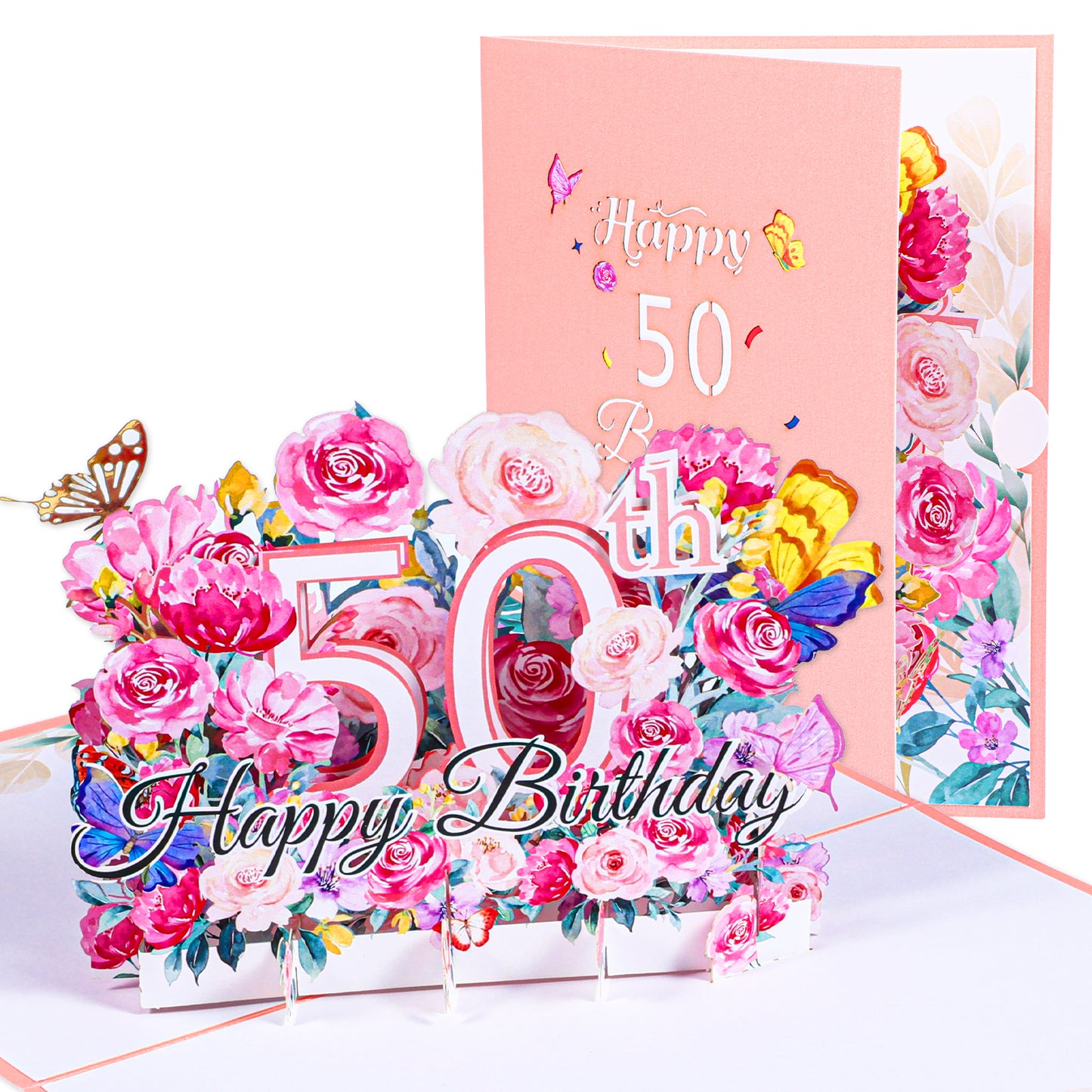 Nogeqi Happy 50th Birthday Card, 3D Floral Pop up 50th Birthday Cards for Women Wife Mom Sister Friend, Elegant Greeting Cards Birth Day Gifts Includes Blank Envelope, 5" X7"