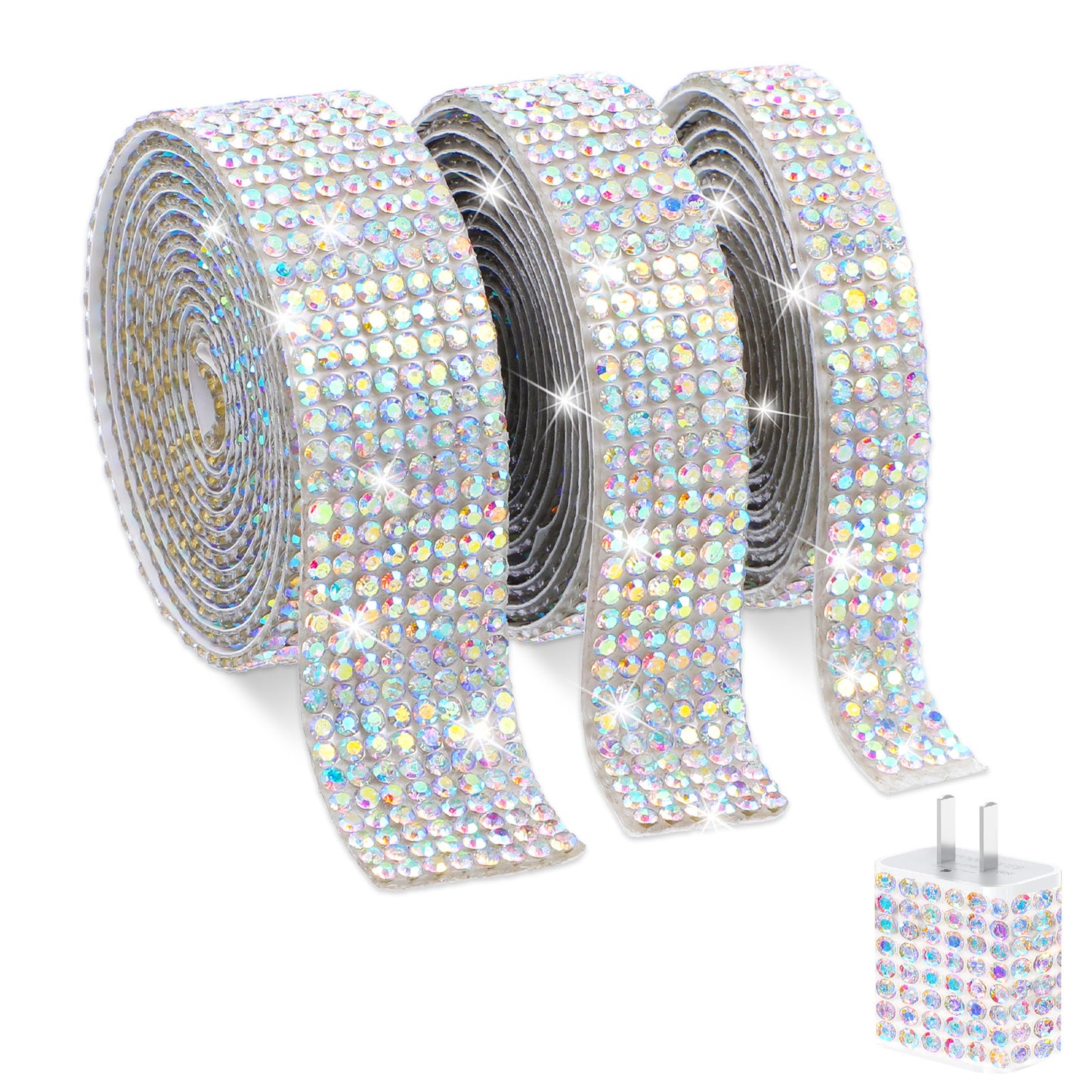 3PCS Rhinestone Ribbon, Self Adhesive Crystal Rhinestone Ribbon, Shiny Rhinestone Strips Rhinestone Roll Diamond Ribbon Rhinestone Tape for Crafting DIY Party Decor(Silver) (AB)