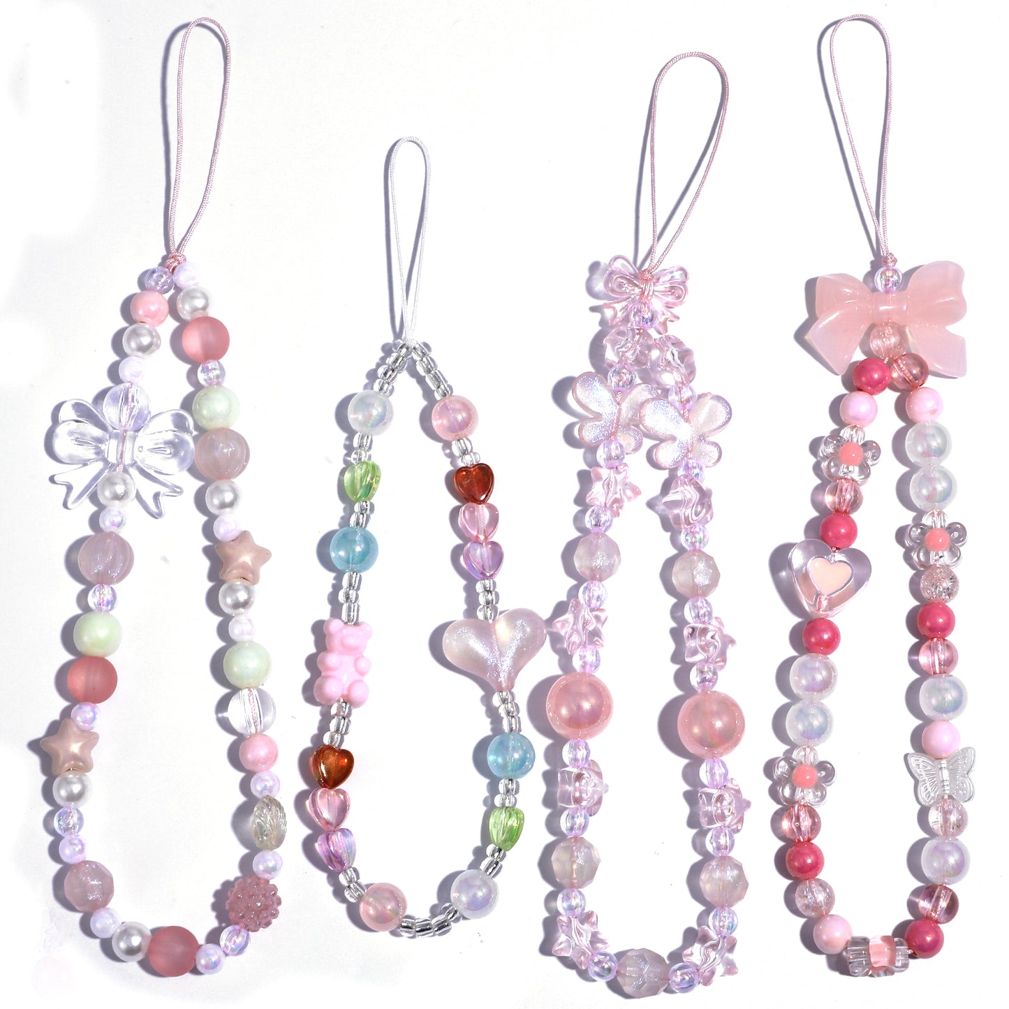 Ouligay 4Pcs Cute Phone Charm Wrist Strap Beaded Lanyard Aesthetic Y2k Cell Keychain Bear Butterfly Heart Hippers Accessory for Bag, Camera Pendants Decor（Pink