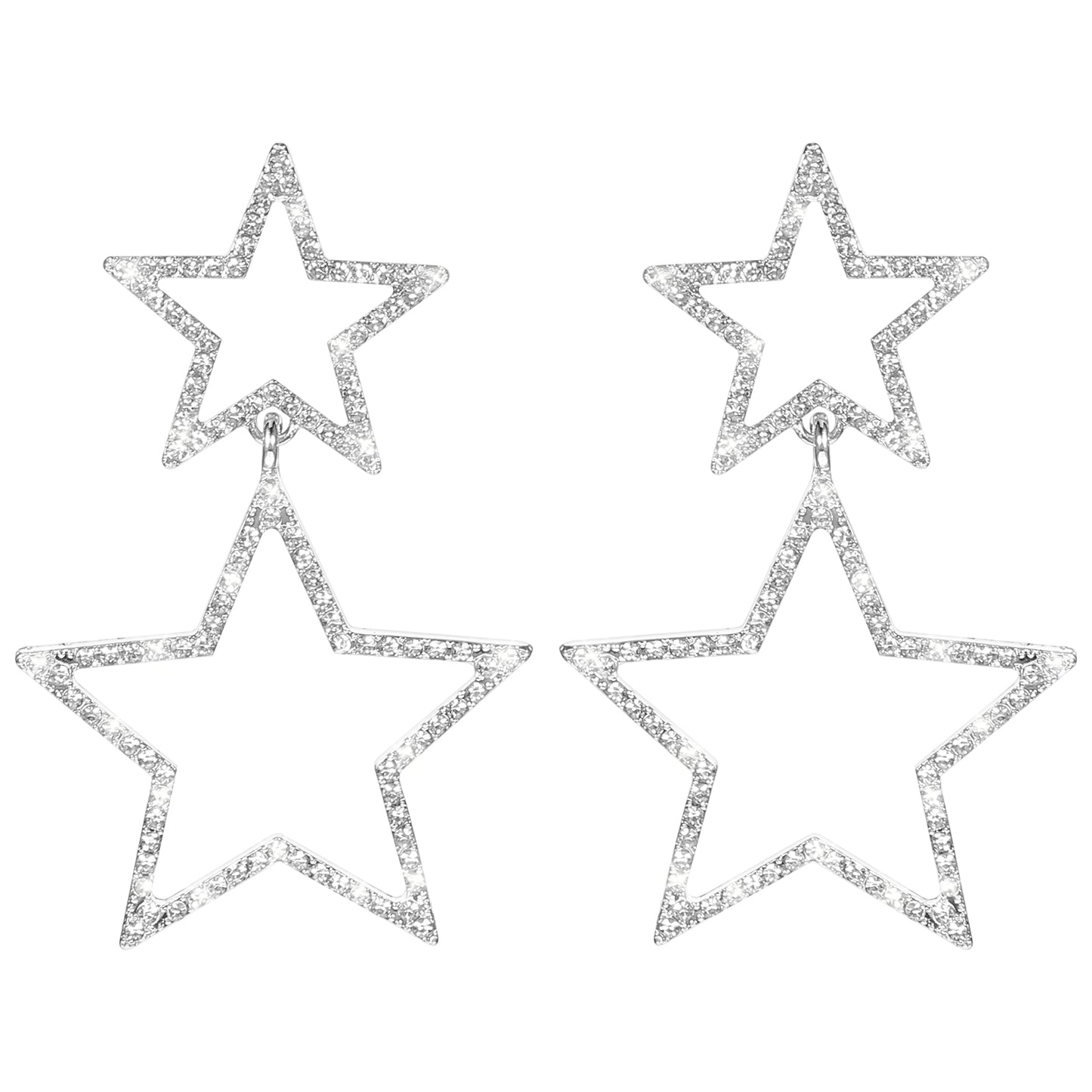 2PCS Star Hoop Earrings Sparkle Silver Star Earrings Dangle Rhinestone Big Star Drop Earrings Hollow Lightweight Crystal Long Double Star Stud Earrings Jewelry Y2k for Party Dainty Gifts Women Friends