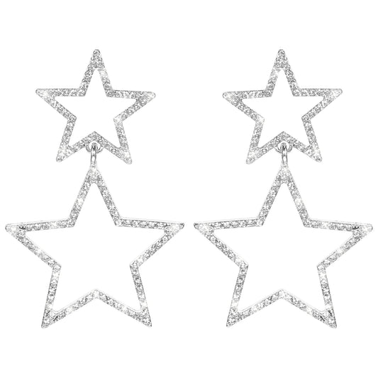 2PCS Star Hoop Earrings Sparkle Silver Star Earrings Dangle Rhinestone Big Star Drop Earrings Hollow Lightweight Crystal Long Double Star Stud Earrings Jewelry Y2k for Party Dainty Gifts Women Friends