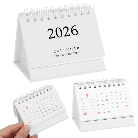 Tyqour Small Desk Calendar 2025-2026 Mini Calendar Standing Flip Desktop Calendar 2025-2026 Metal Ring Binding, Compact Size for Home Office School White