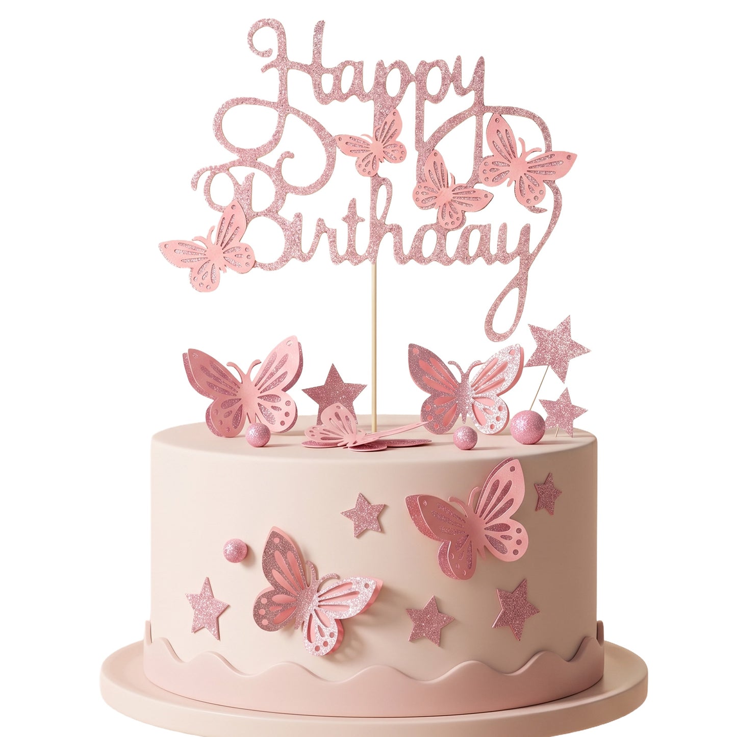 Nogeqi 13PCS Pink Happy Birthday Cake Topper with 3D Butterfly Cupcake Toppers, Giltter Pink Butterfly Cake Decorations for Women Girls Birthday Party Cakes Decorations