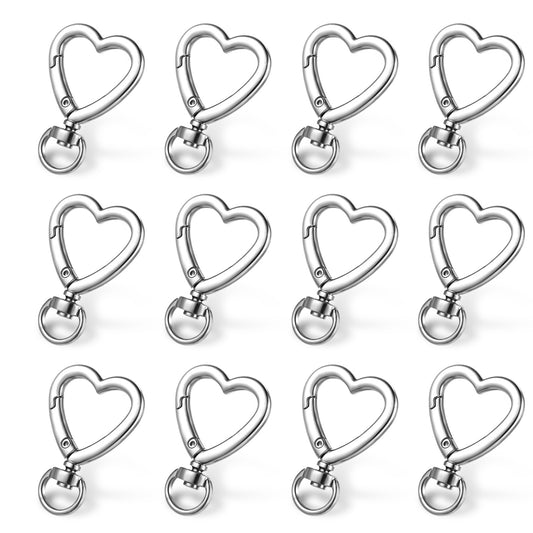 12Pcs Heart Shaped Keychain Clip, Zinc Alloy Heavy Duty Heart Carabiner, Cute Spring Snap Clasp Hook, Key Ring for Camping Hiking Fishing Traveling Purses Backpack Water Bottle Key Chain Silver