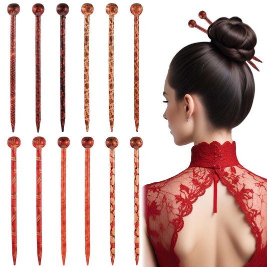 12PCS 5.1" Hair Sticks for Buns Vintage Wood Hairpin Set, Boho Tortoise Shell Decorative Hair Holder Retro Hair Forks Accessories Japanese Chinese Inspired Hair Chopsticks for Long Hair Women