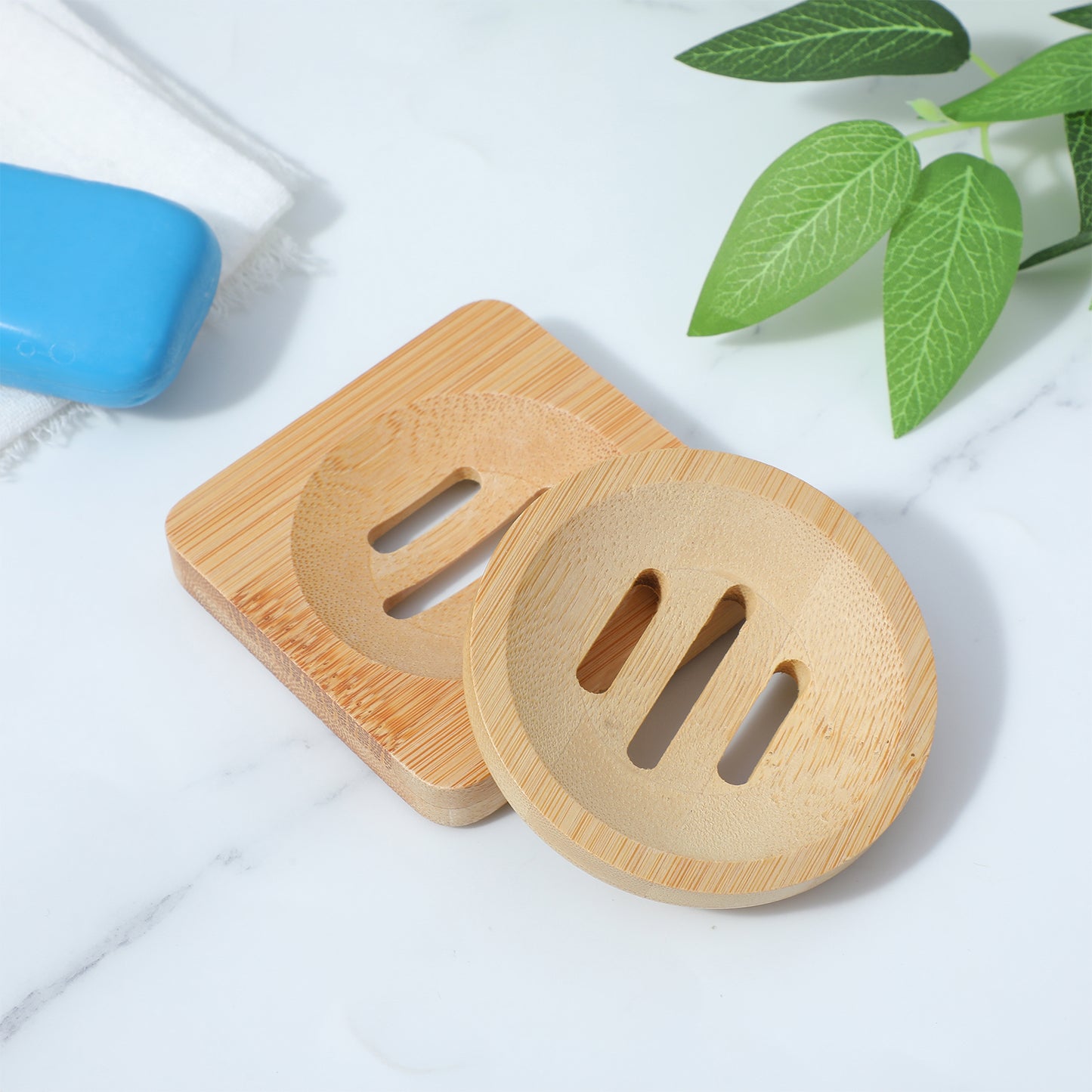 Ymapinc 2-Pack Natural Bamboo Soap Holder, Round+Square Bamboo Soap Dish & Shower Steamer Holder, Wood Tray for Home Shower Bathroom