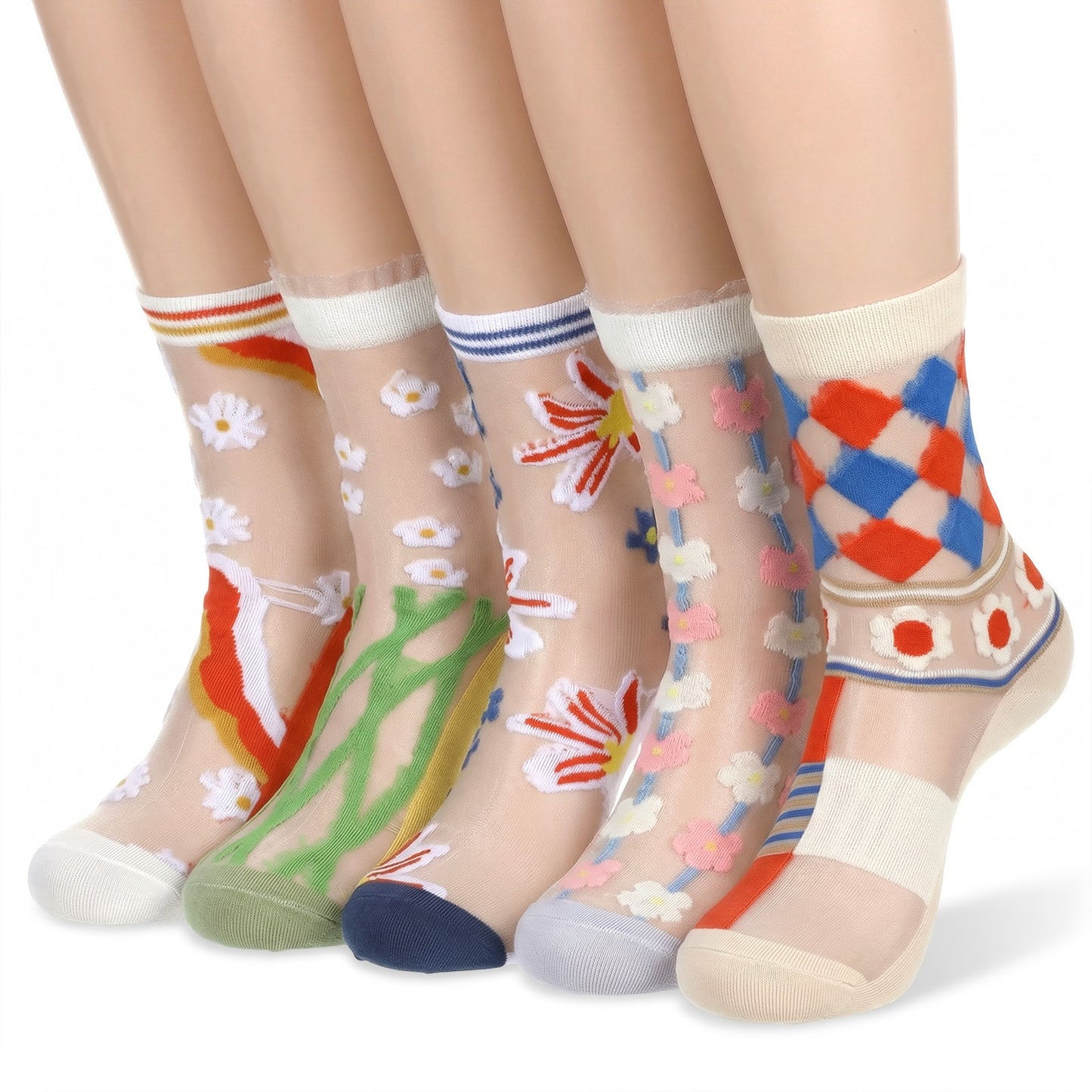 Ymapinc 5 Pairs Sheer Ankle Socks for Women, Transparent Lace Mesh Floral Design, Breathable Nylon Summer Footwear