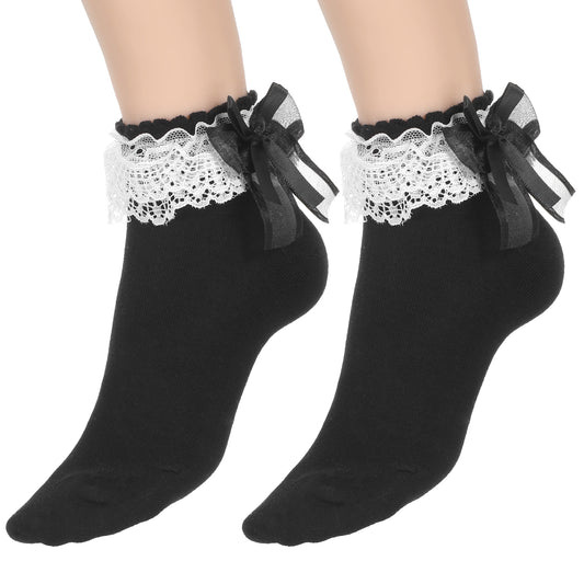 Tyqour 1 Pair Black Ruffle Frilly Socks Women, Lace Socks for Women Ankle Ruffle, Lolita Vintage Style, Soft Polyester, Comfortable and Breathable for All Seasons