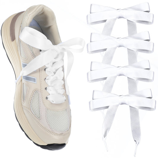 Tyqour 2Pairs 47" Ribbon Shoe Laces 2cm Wide White Shoelaces Ribbon Laces For Shoes Flat Shoelaces Silk Satin Shoe Laces For Sneakers Shoe Strings For Athletic Shoes Running Shoes Sneakers Boot Women