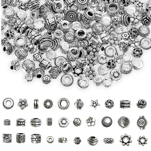 200PCS 1-5mm Hole Spacer Beads Tibetan Antique Silver Rondelle Spacers Bead, Assorted Styles Metal Filigree Loose Ball Bead Charms Kits for Bracelets Jewelry Making