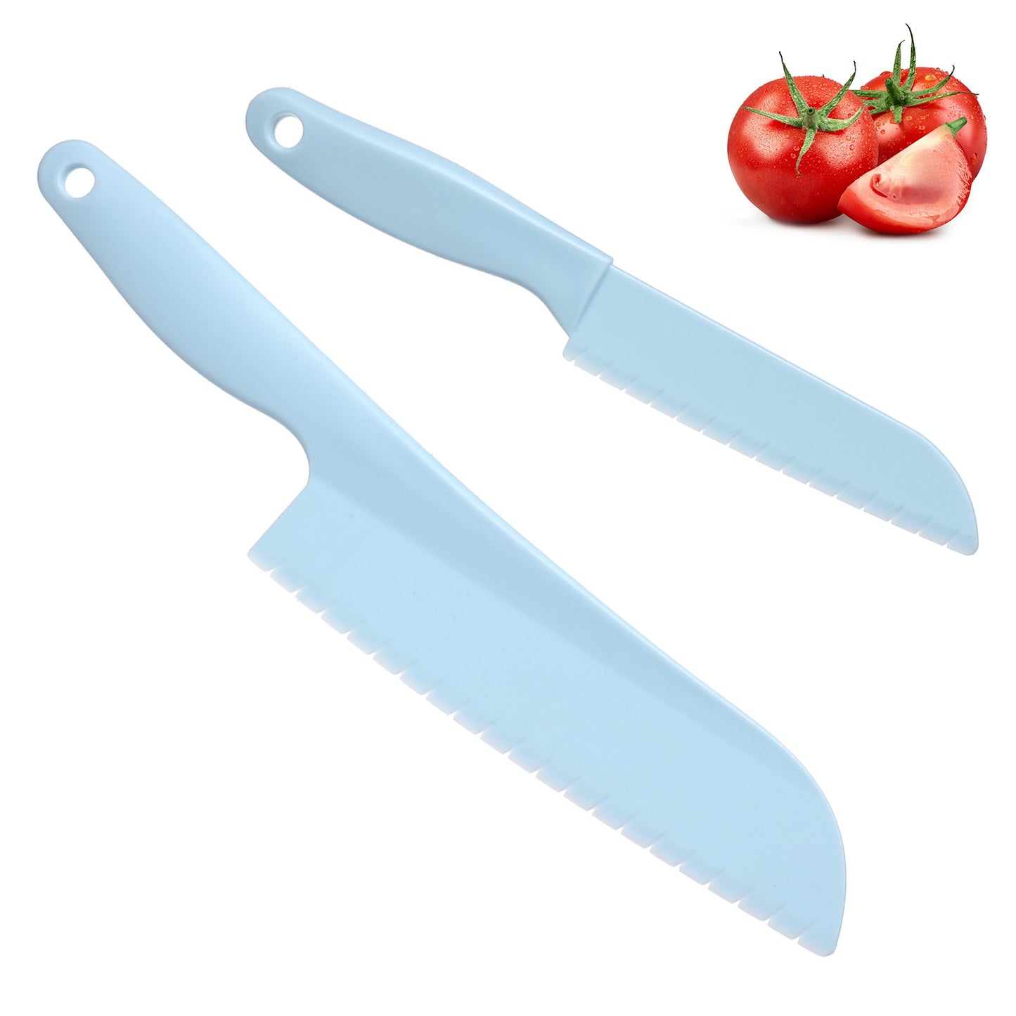 Mabor 2Pcs Lettuce Knife, Plastic Lettuce Knife to Prevent Browning, Professional Kitchen Cooking Plastic Serrated Knives for Vegetables Salad Fruits Cake Bread, 11&8Inch, Blue