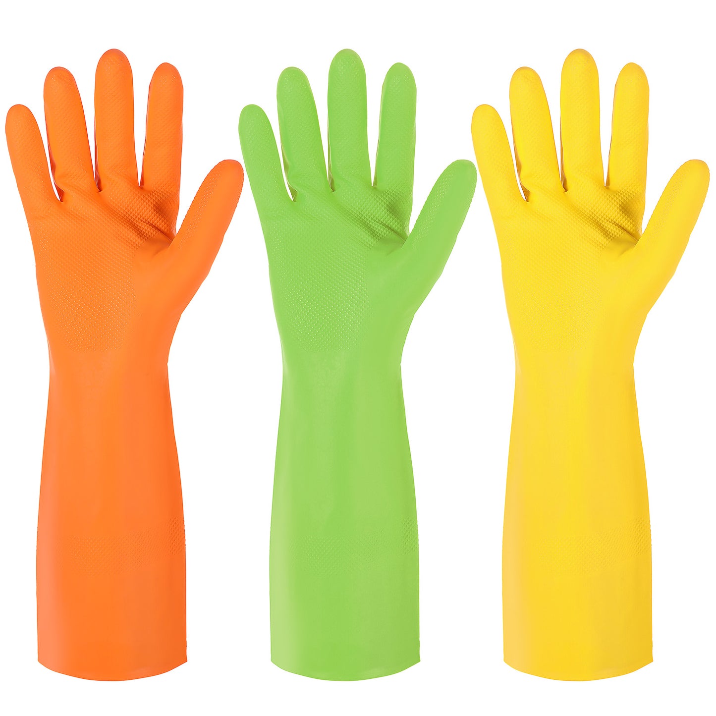 Xinjoduz 3 Pairs Rubber Dishwashing Gloves, Colorful Reusable Household Cleaning Gloves for Washing Dishes and Cleaning Tasks，Flexible Durable Waterproof Kitchen Dish Gloves (Yellow, Green, Orange)