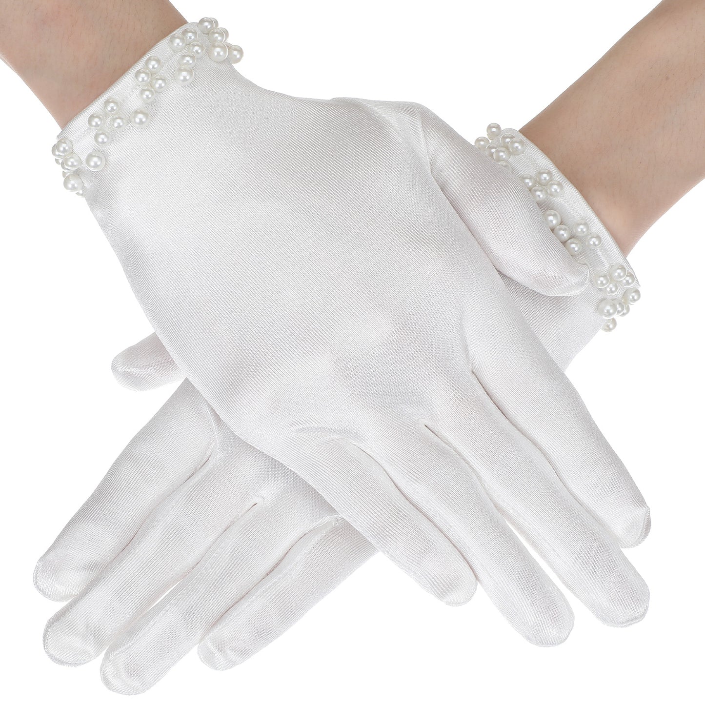 Xinjoduz 1 Pair White Satin Gloves Women, Floral Lace Gloves for Bridal Elegant Short Wrist Pearl Glove for 1920s Fashion Wedding Accessories Floral Tea Party (White)