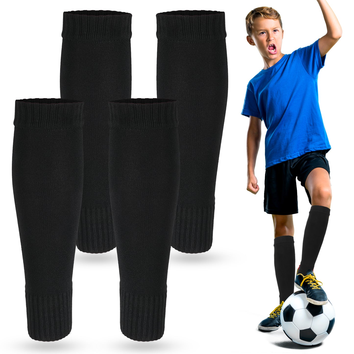 Tyqour 2 Pairs Black Kids Soccer Calf Sleeve Youth Boys Shin Compression Leg Sleeves for Football Shin Guard Sleeves for Age 7-14 Youth Boys Children Football Basketball Training