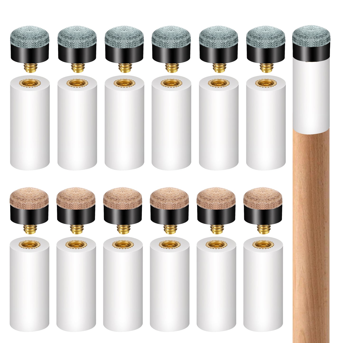 12Pcs Pool Snooker Cue Tips Replacement Kit Screw On Billiard Cue Tips with White Ferrules 13mm Blue and Brown Pool Stick Accessories for Snooker Supplies