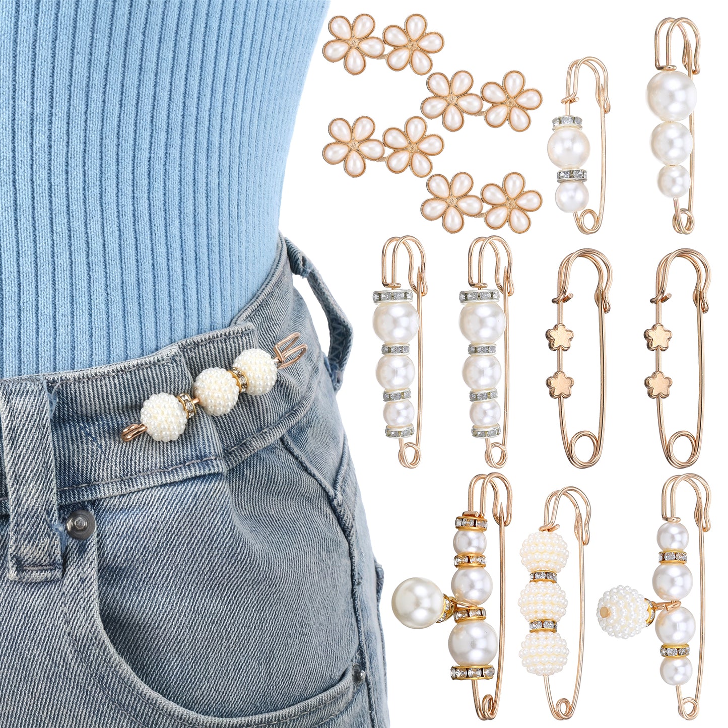 Matwsec 13 PCS Pearl Buttons Pins for Women and Girls, Pant Waist Tightener for Loose Jeans Dress, Waist Cincher Clip, Pearl Brooch for Cardigan Collar Decoration Accessories