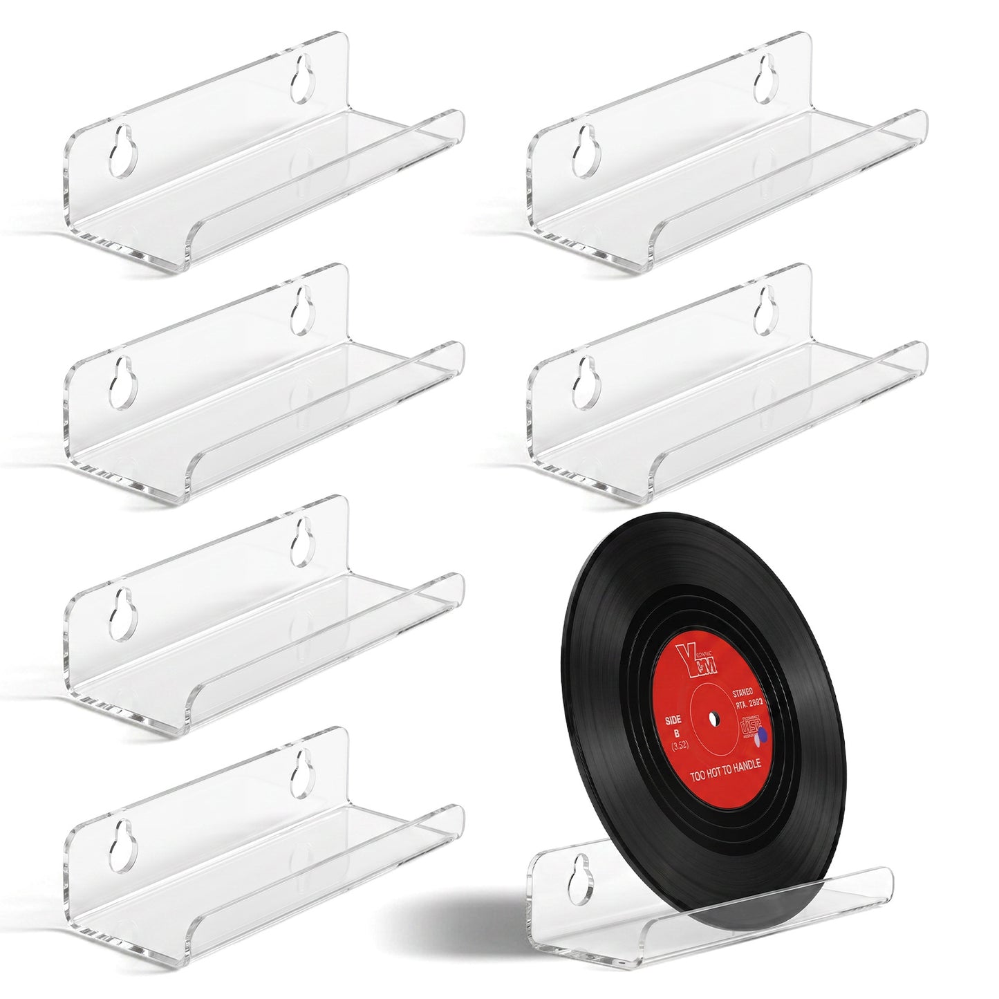 Bremorou 6 Pack Vinyl Record Holder Wall Mount Self Adhesive Vinyl Wall Mount Shelf Clear Acrylic Record Shelf Display Racks for Album Covers CD Book Pictures Frame Bedroom Living Room Magazine