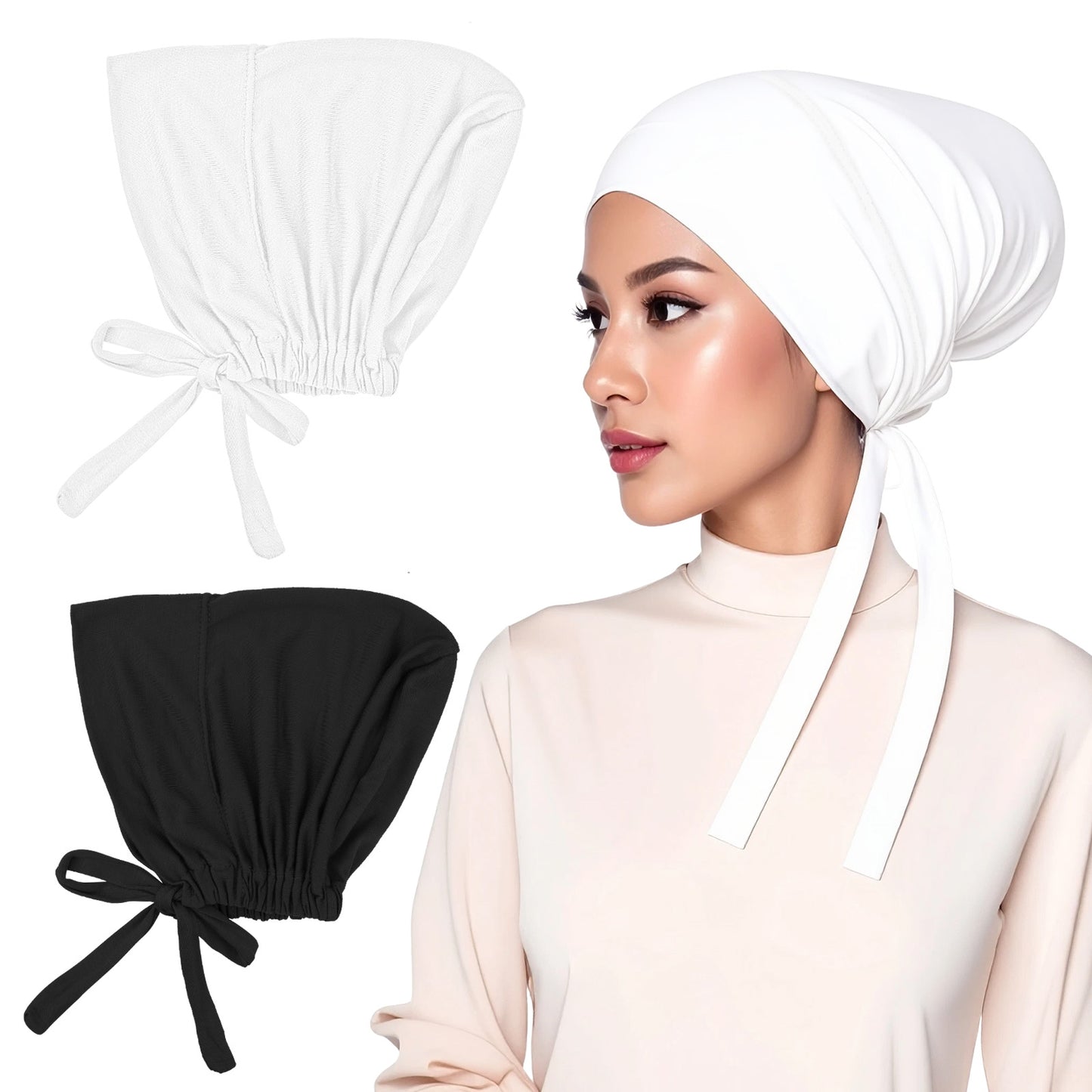 2pcs Hijab Caps for Women Hijab Undercap Non Slip Undercaps Head Coverings for Women, Black & White, Elastic Comfortable & Breathable