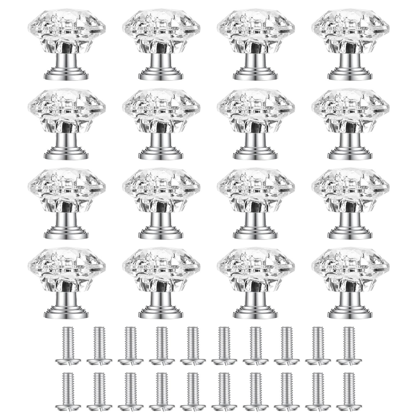 Matwsec 20 Pcs Crystal Drawer Knobs Glass Cabinet Knobs Diamond Shaped Drawer Pulls Clear Acrylic Metal Handles for Kitchen Dresser Wardrobe Cupboard Office Cabinet Dresser