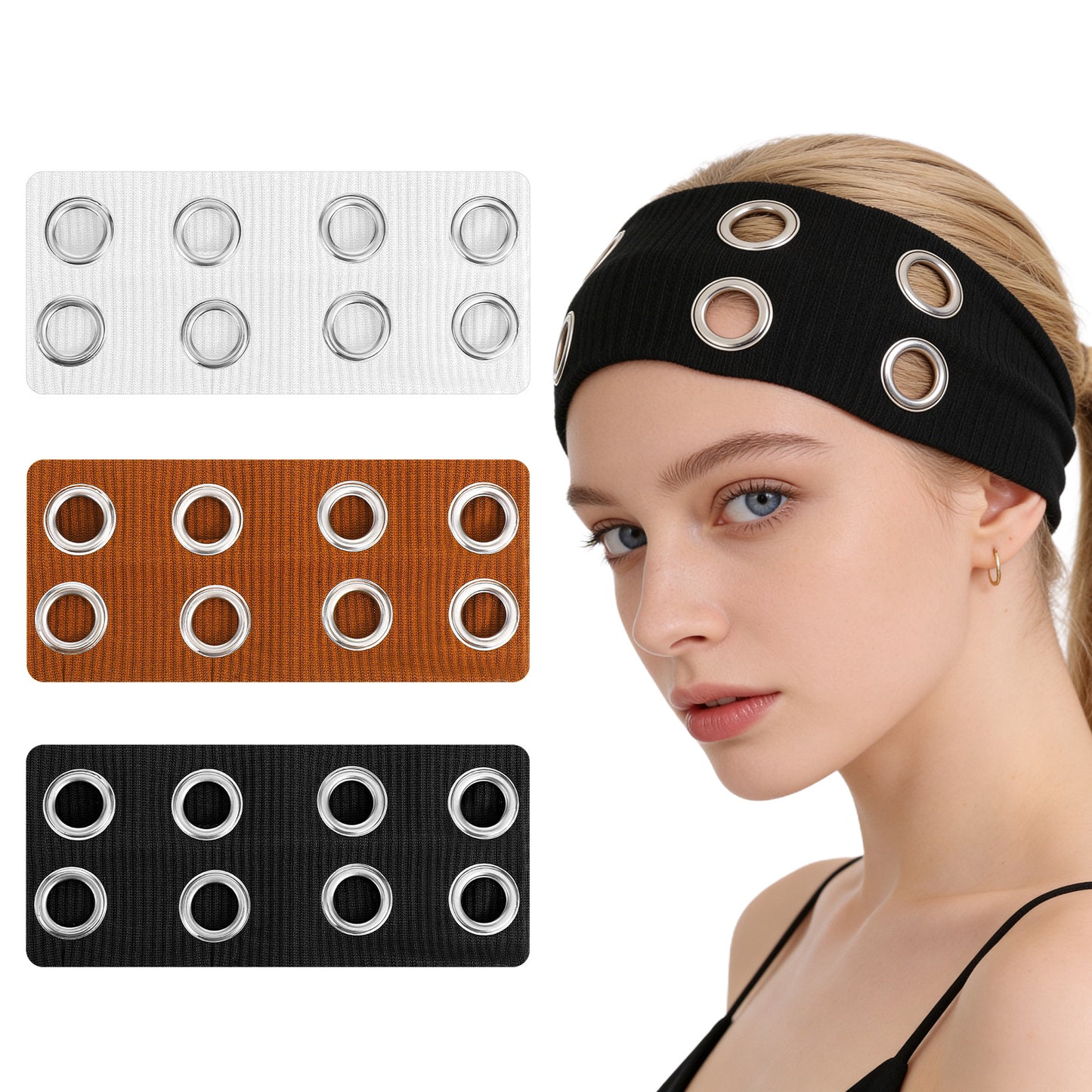 Shimmeroo Grommet Headband for Women,Hollow Eyelet Elastic Headband,Wide Black Hollow out Elastic Hair Band,Adjustablec Eyelets Stretchy Casual Hair Accessory(3 Color)