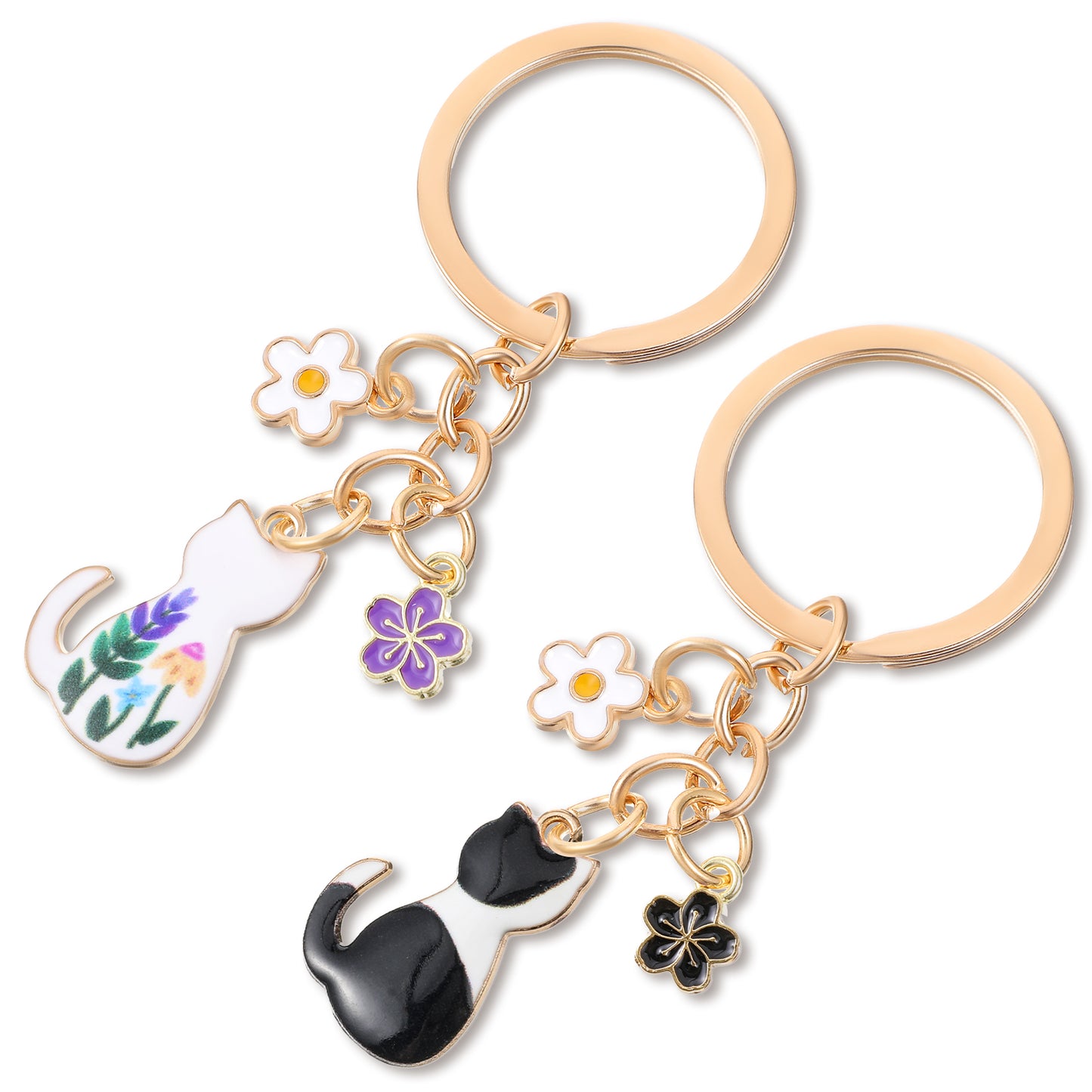 Mabor 2PCS Cute Cat Keychain  Kawaii Enamel Cat Charm, Colorful Flower Design, Durable Alloy Key Ring for Women Men, Cats Lovers Gift, Bag & Backpack Accessories