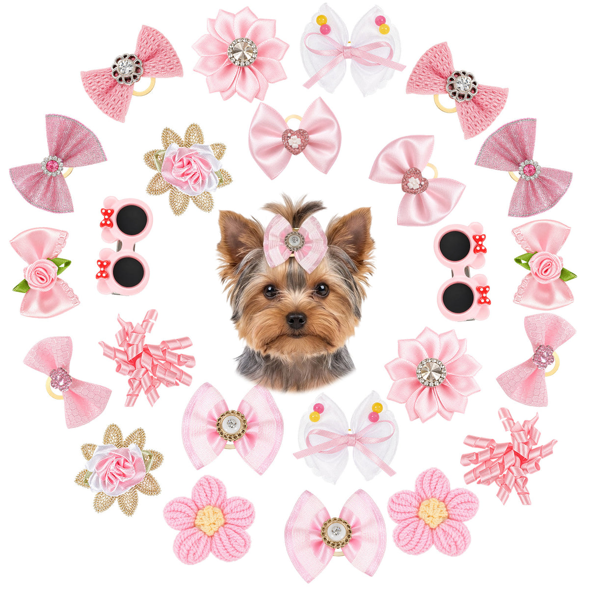 RAHHLIZS 24pcs Dog Hair Bows with Rubber Bands,Bow Flower Sunglasses Pastel