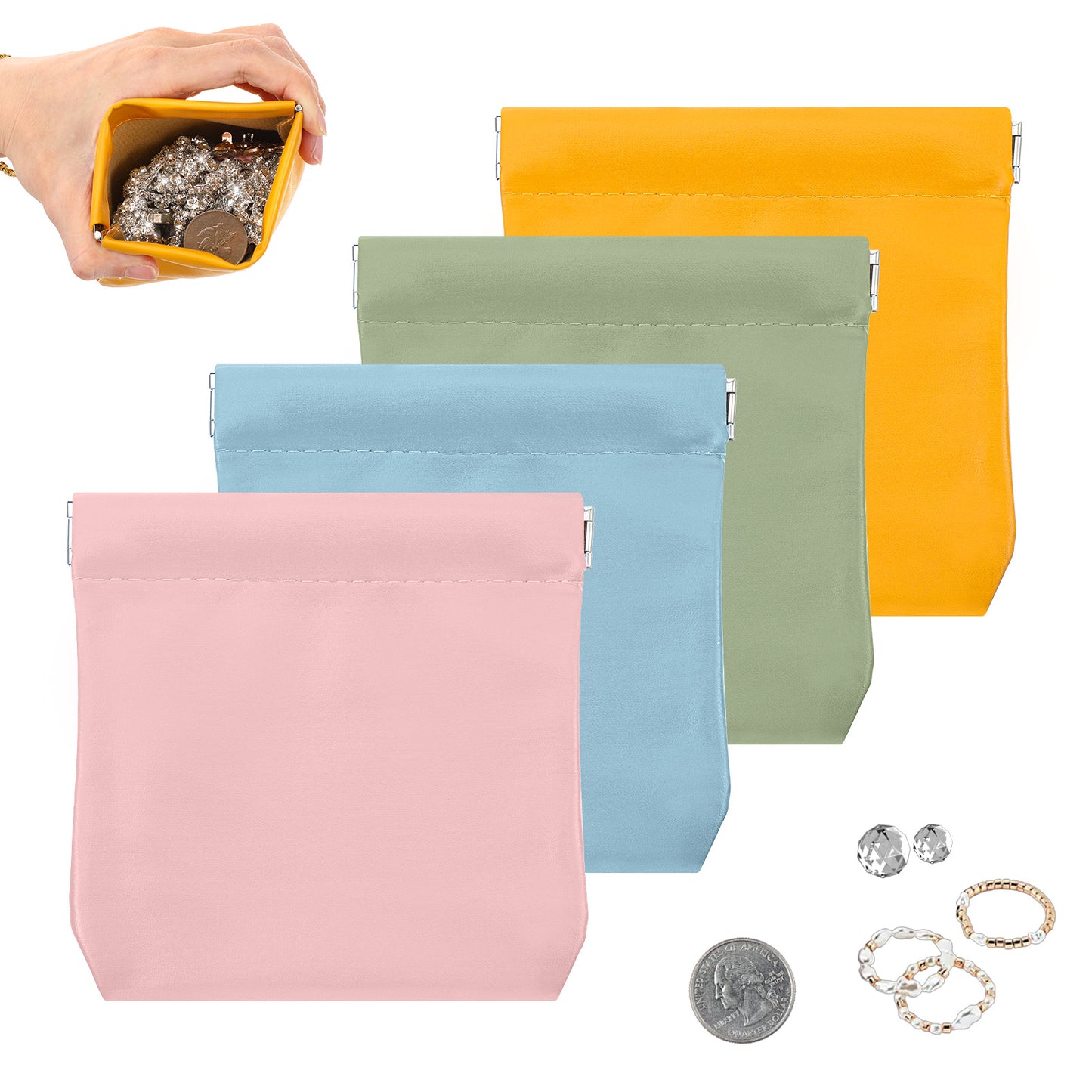 Mabor 4Pcs Small Coin Pouch, PU Leather Mini Coin Purse Set for Coins, Jewelry, Rings  Portable Travel & Gym Organizer for Women & Men (Blue, Green, Orange, Pink)