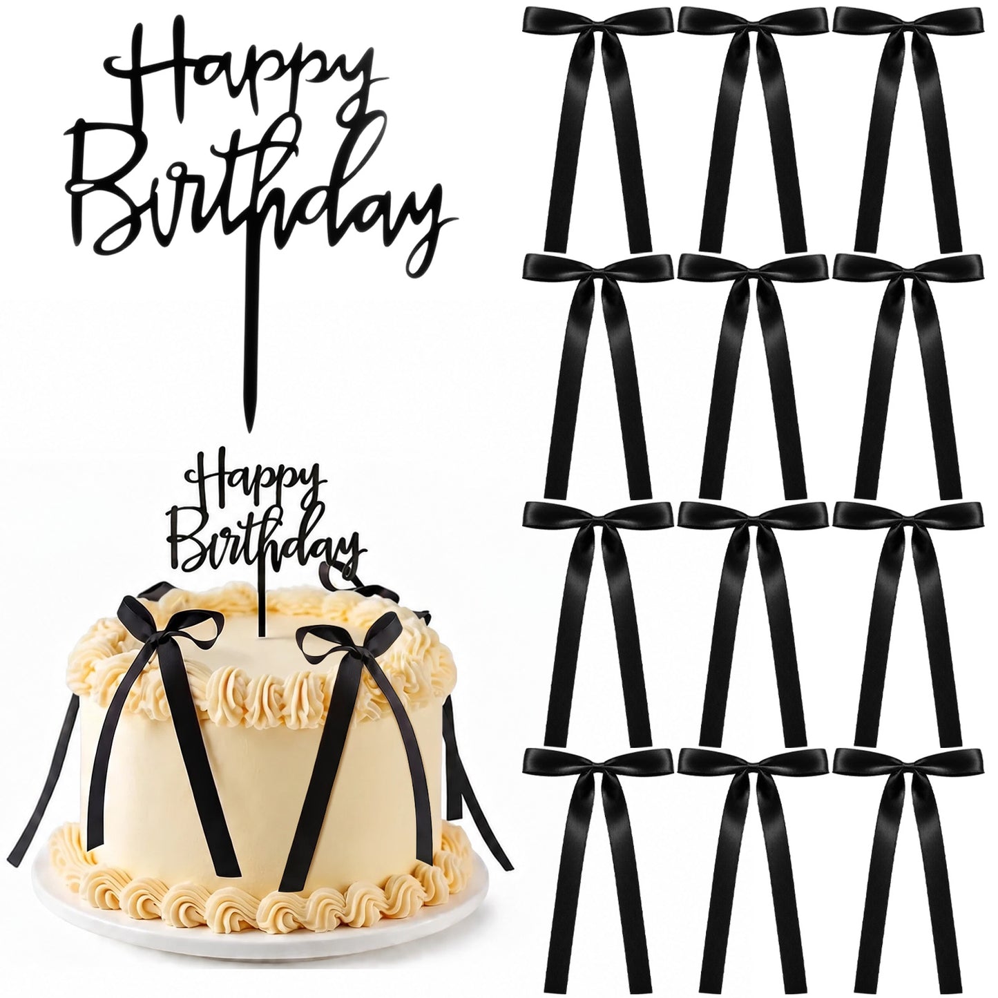 12 PCS Black Bows for Cake Decorations, 1PCS Happy Birthday Cake Toppers, Ribbon Bow Cakes Topper for Birthday Decor, Cupcakes, Baby Shower, Bridal Shower, Wedding Party Decorating Supplies