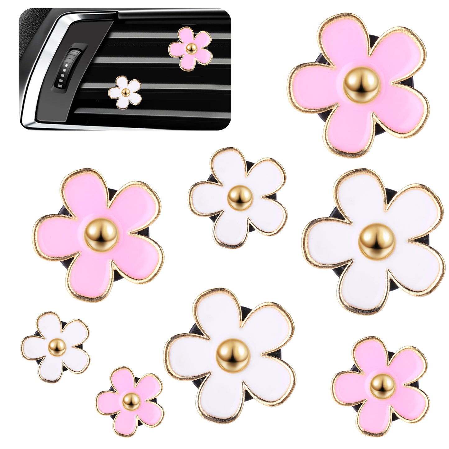 Flower Car Air Freshener Vent Clips, 8 PCS Cute Daisy Flower Car Accessories for Women, Alloy Air Vent Clips with Fragrance Pads Decorations Interior Aesthetic (white,pink, one size)