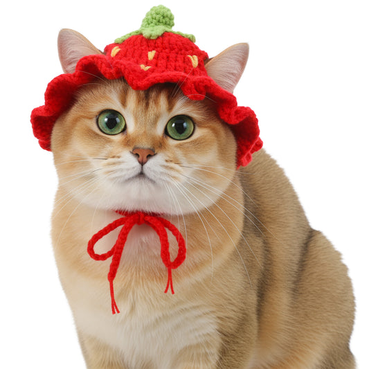 Strawberry Cat Hat Soft Polyester Cartoon Design Knit Cute Dog Hat Rabbit Hats Halloween Christmas Party Costume Head Wear Accessories for Puppy Cat Kitten Small Dogs Small Animals Pets Red (M)