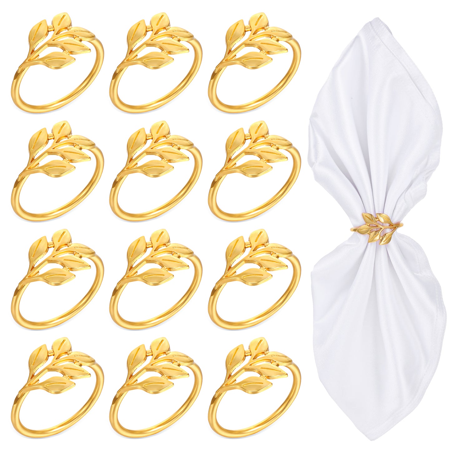 12Pcs Gold Napkin Rings Set Metal Leaf Fall Napkin Rings Design for Christmas, Table Settings, Easter Table Decor, Wedding, Holiday Dinners, Special Occasions, Gift Giving