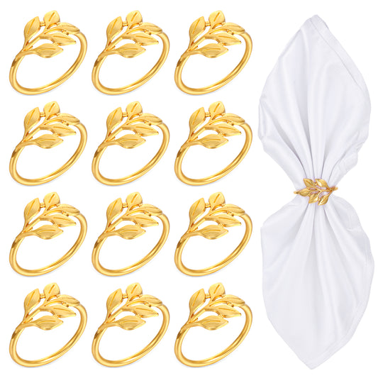 12Pcs Gold Napkin Rings Set Metal Leaf Fall Napkin Rings Design for Christmas, Table Settings, Easter Table Decor, Wedding, Holiday Dinners, Special Occasions, Gift Giving