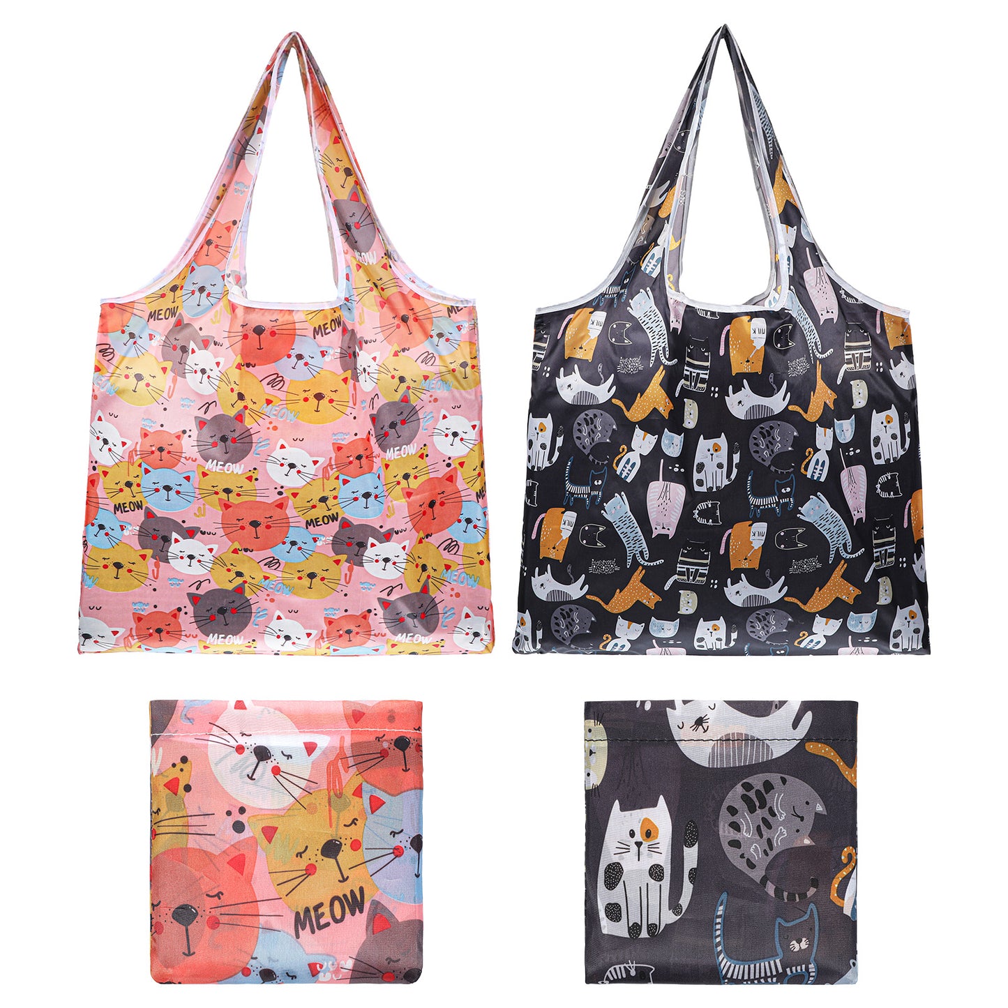 Matwsec 2 Pcs Foldable Reusable Shopping Bags, Extra Large 50 lbs Capacity, Washable Polyester Tote in Pocket, Reusable Grocery Bags, Cute Pink Cat & Black Dog