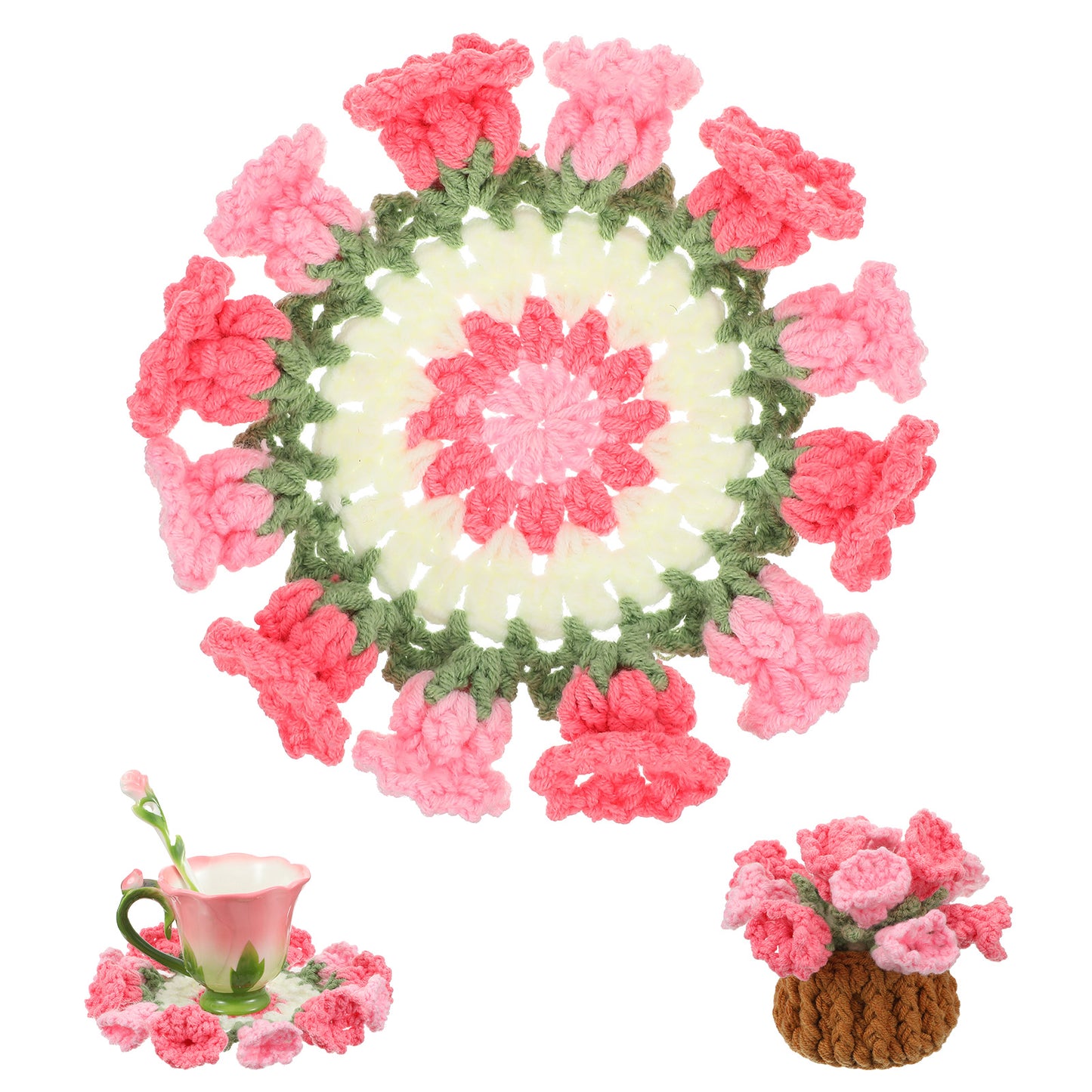 RAHHLIZS Knitted Flowers, Crocheted Flowers, Crochet Flowers Bouquet Coaster with Cup Cover, Handmade Tulip Drink Coaster, Cute Pink Floral Coaster for Home, Office, Car Decor