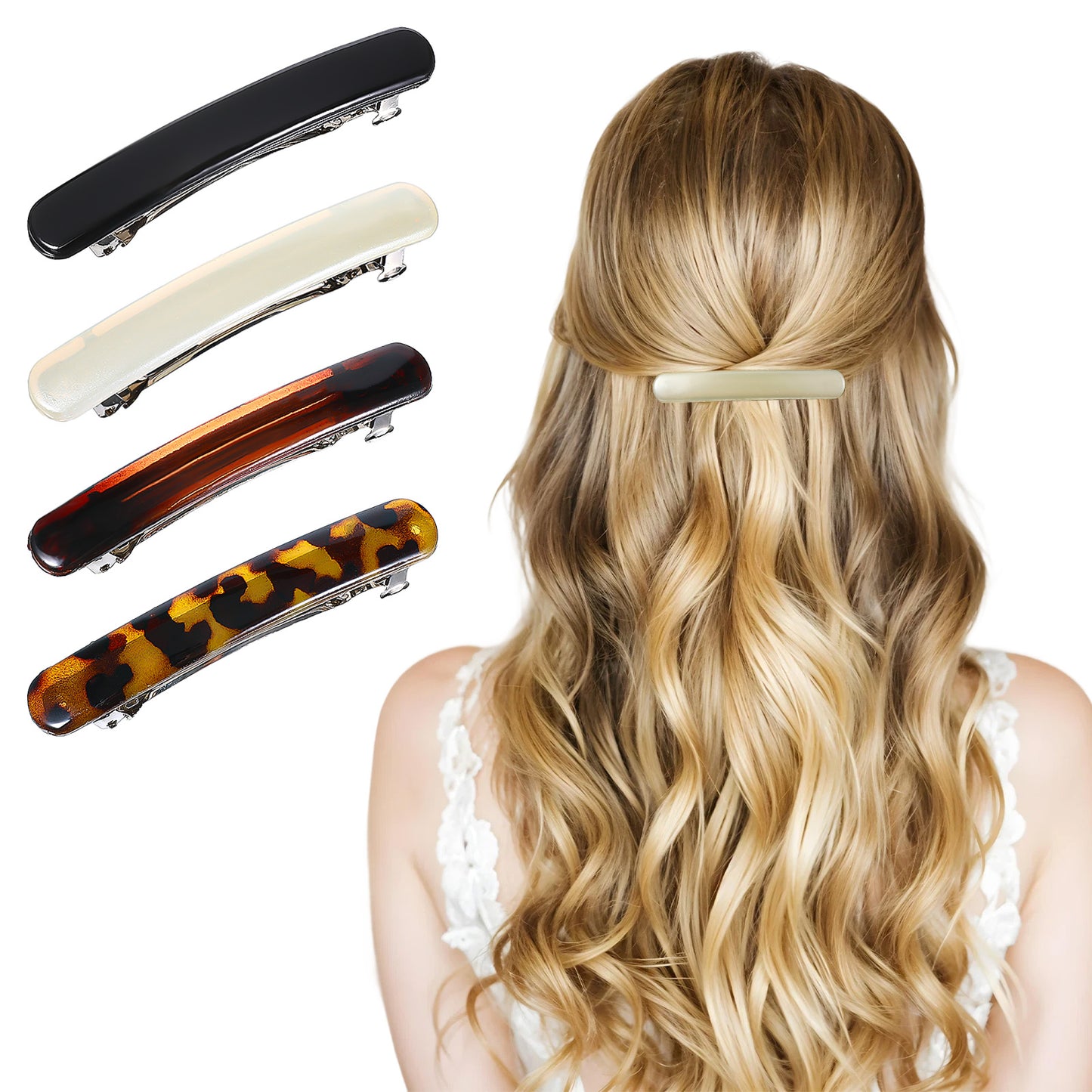 Shimmeroo 4Pcs French Hair Clips Women,Tortoise Shell French Barrettes Flat Spring Snap Hair Slides Barrette Accessories Black, White,Leopard Color,Amber 2.48”