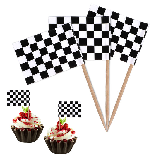 100 Pack Mini Checkered Flags Race Car Cupcake Toppers Small Checkered Flags on Sticks Black and White Checker Racing Flag Toothpick for Monster Truck Party Bar Cocktail Fruit Food Decorations