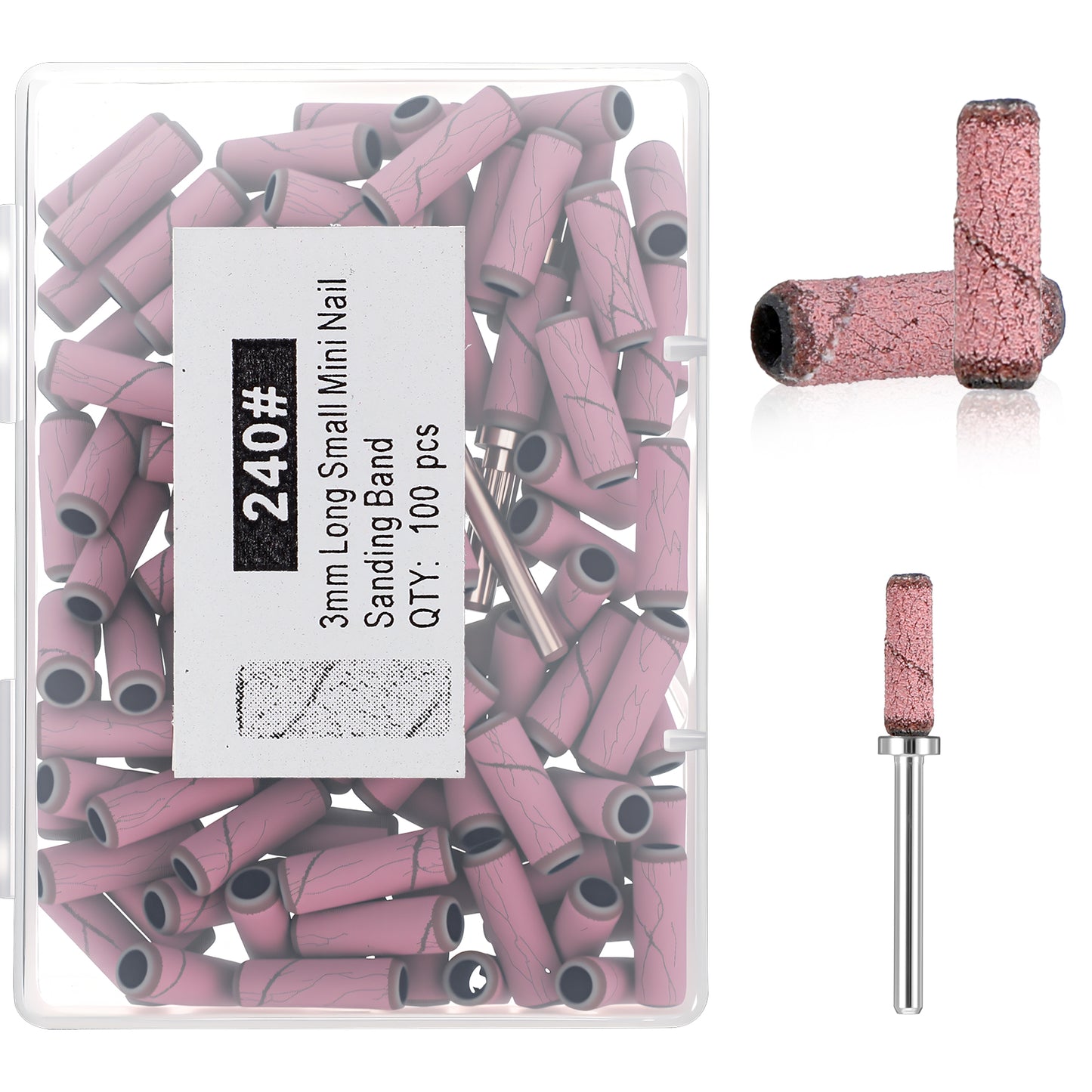 Tyqour 100 Pcs Mini Sanding Bands for Nail Drill and 1 Pcs Mandrel Bit for Most Nail Drill Bits, 240 Grit Sanding Bands for Acrylic Nails Gel Removing Shaping Professional Manicures and Pedicure Pink