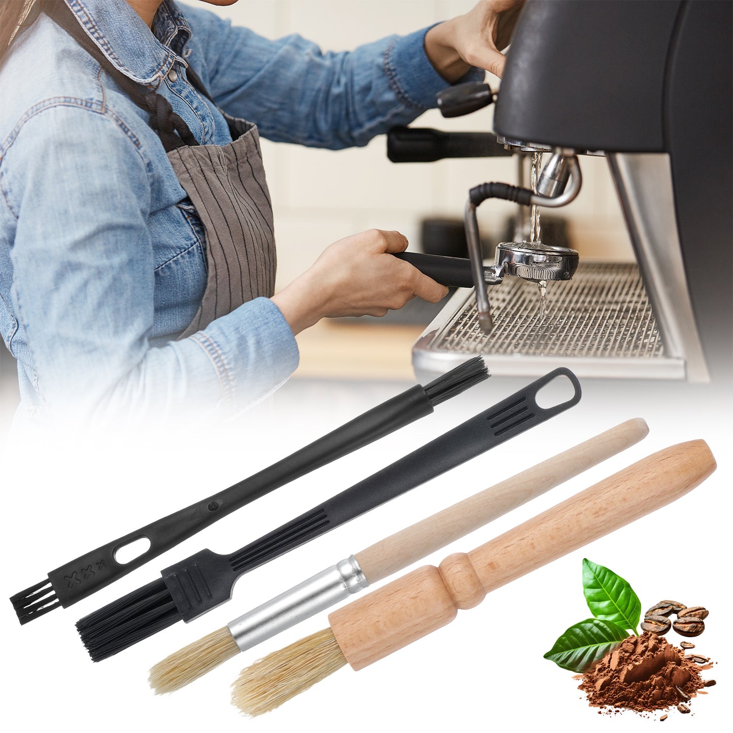 4PCS Coffee Grinder Cleaning Brush Set, Espresso Machine Cleaning Brush, Coffee Grinder Cleaner Tool with Walnut Wood Handle and Natural Bristles for Barista Home Kitchen