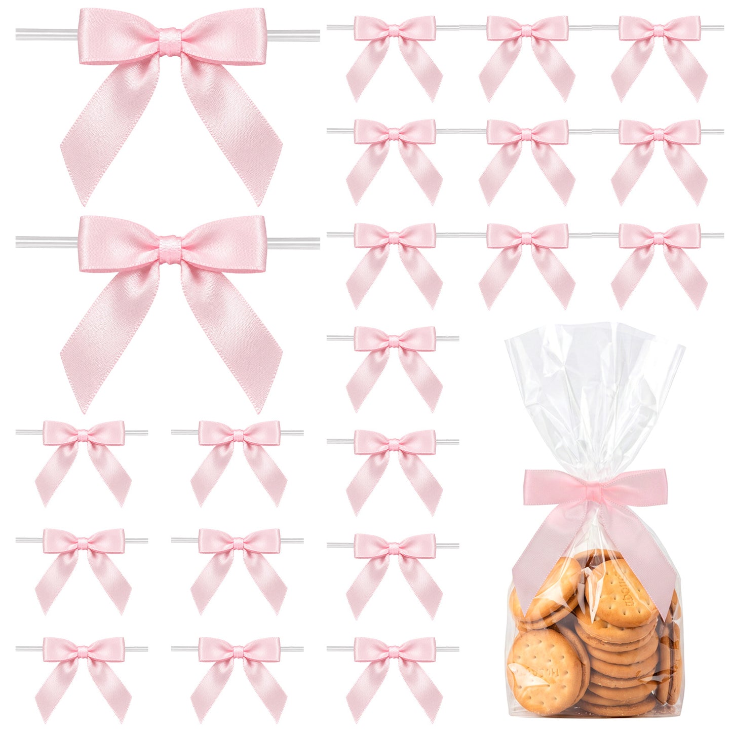 Nogeqi 50PCS Mini Pink Bows, 2.5" Twist Tie Bows, Premade Ribbon Bow
