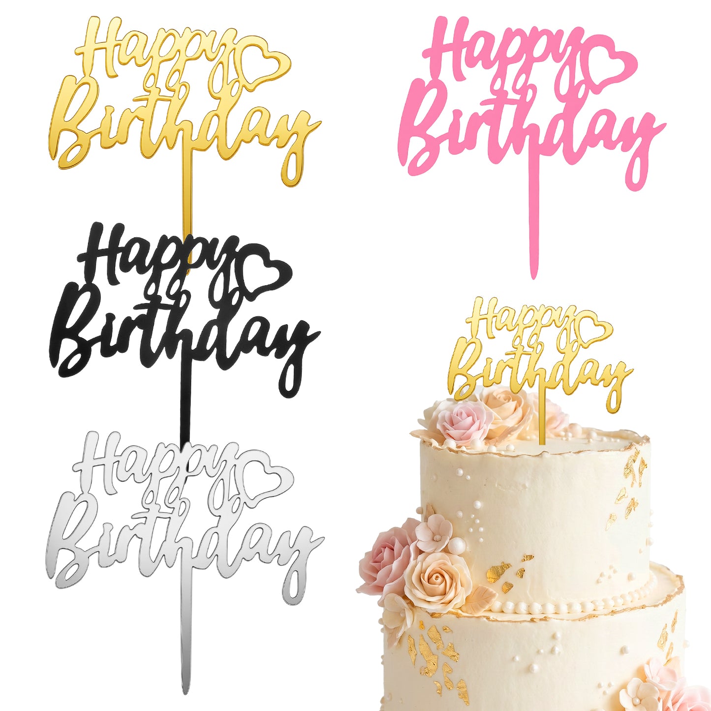 Rahhlizs 4 PCS Cake Toppers Happy Birthday Decorations, Acrylic Happy Birthday Cake Topper, Happy-Birthday Topper for DIY Cupcakes, Cakes, Desserts, Party Supplies(Pink, Black, Gold, Sliver)