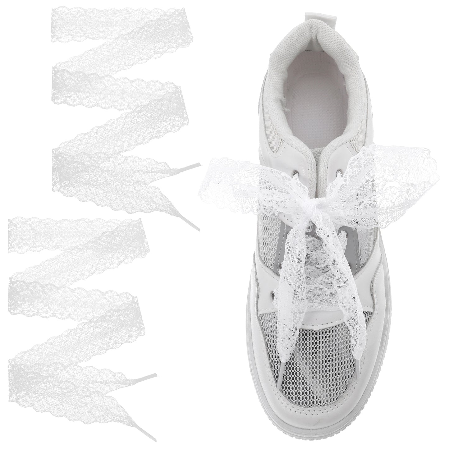 Teaaha 2 Pairs White Lace Shoelaces, 3cm Wide Fancy Flat Ribbon Shoe Laces for Women, 47 Inch Long Decorative Shoelaces for Sneakers, Boots, Casual Shoes, White