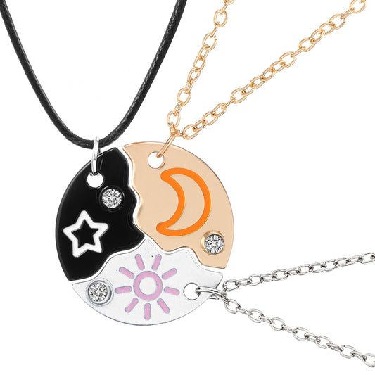 Ymapinc 3pcs Sun Moon Star Puzzle Matching Necklace, Friendship Alloy Pendant Charm for Cousin BFF Women Gifts(Silver Gold Black, Zinc Alloy Polyester)