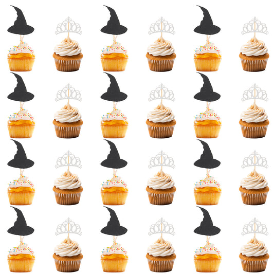 Ymapinc Mini Witch Hat and Princess Crown Cupcake Toppers, Wicked Birthday Party Decorations, Cake Dessert Food Toothpicks Decor Witch Accessories for Halloween Themed Club