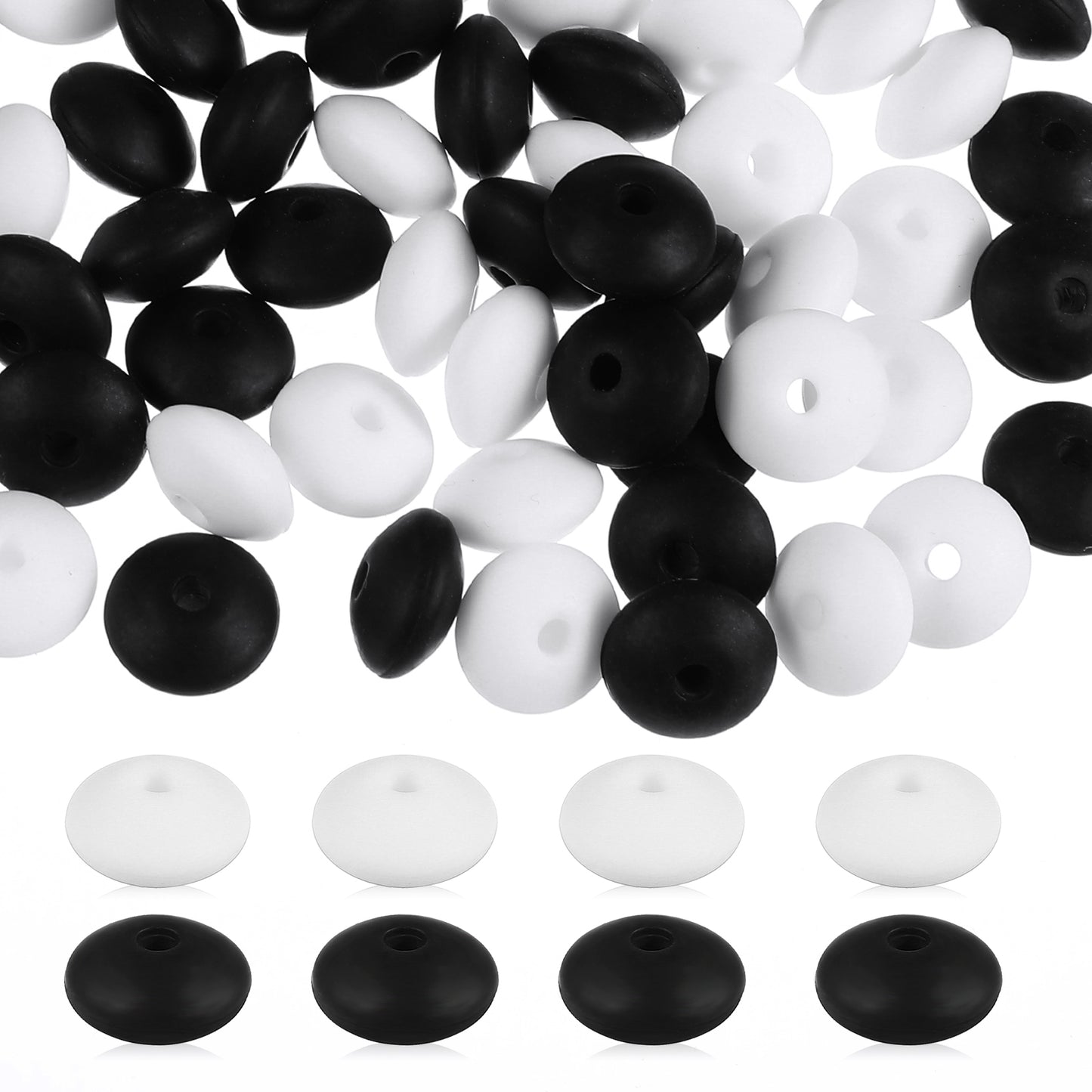 100 Pcs Silicone Beads for Keychain Making Silicone Lentil Beads Black White Silicone Focal Beads Painted Round Spacer Beads Loose Silicone Beads for Pens Necklace Bracelet Lanyard DIY Crafts Making
