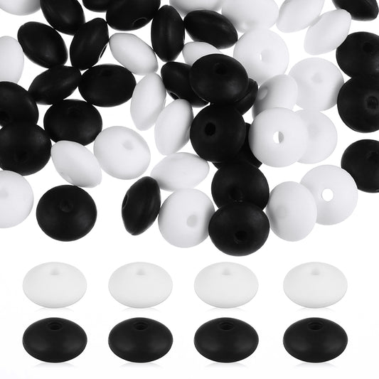 100 Pcs Silicone Beads for Keychain Making Silicone Lentil Beads Black White Silicone Focal Beads Painted Round Spacer Beads Loose Silicone Beads for Pens Necklace Bracelet Lanyard DIY Crafts Making